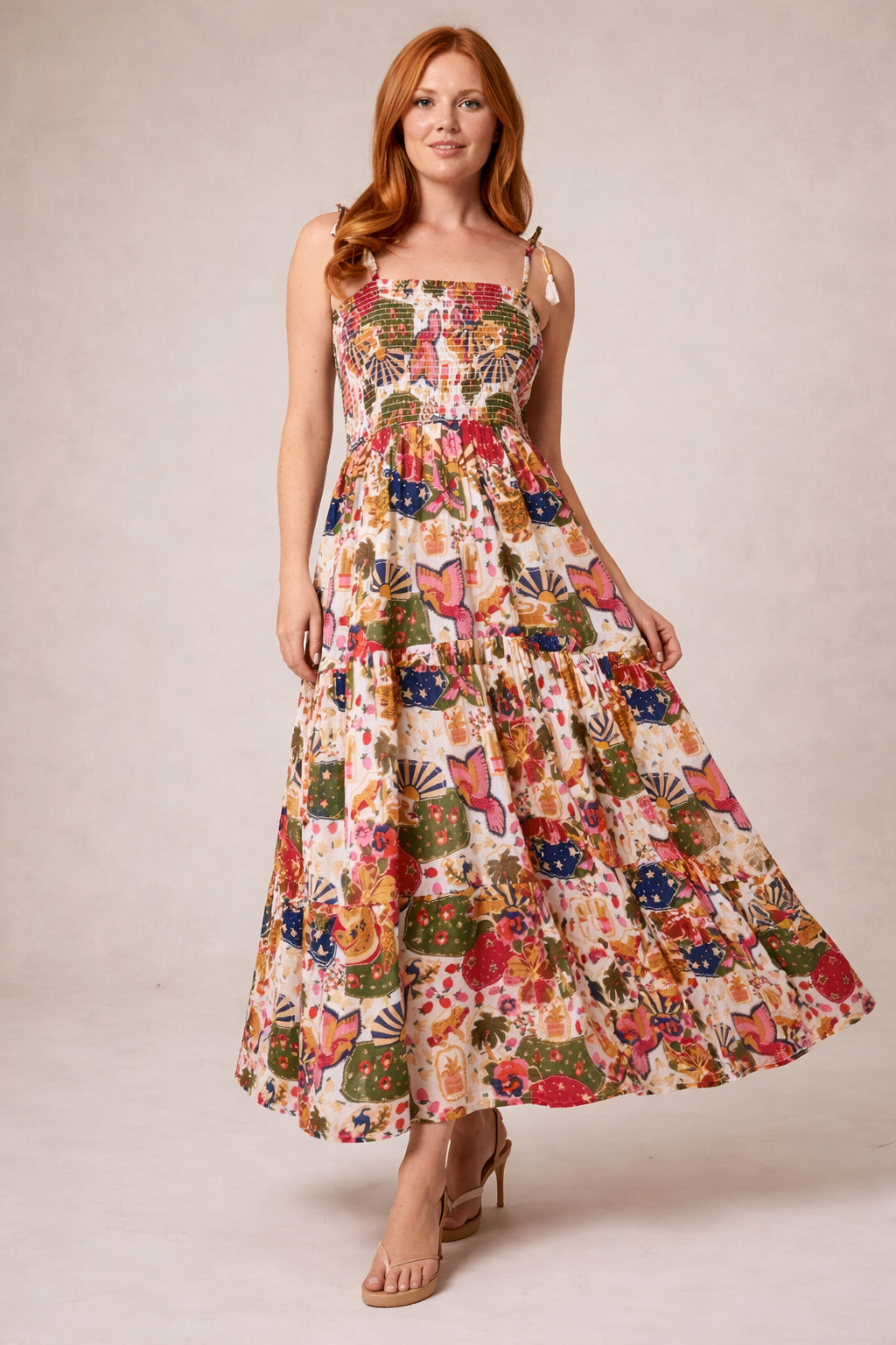 Whimsical Patchwork Shirred Midi Dress – Boho Printed Summer Dress with Adjustable Straps