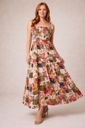 Whimsical Patchwork Shirred Midi Dress – Boho Printed Summer Dress with Adjustable Straps