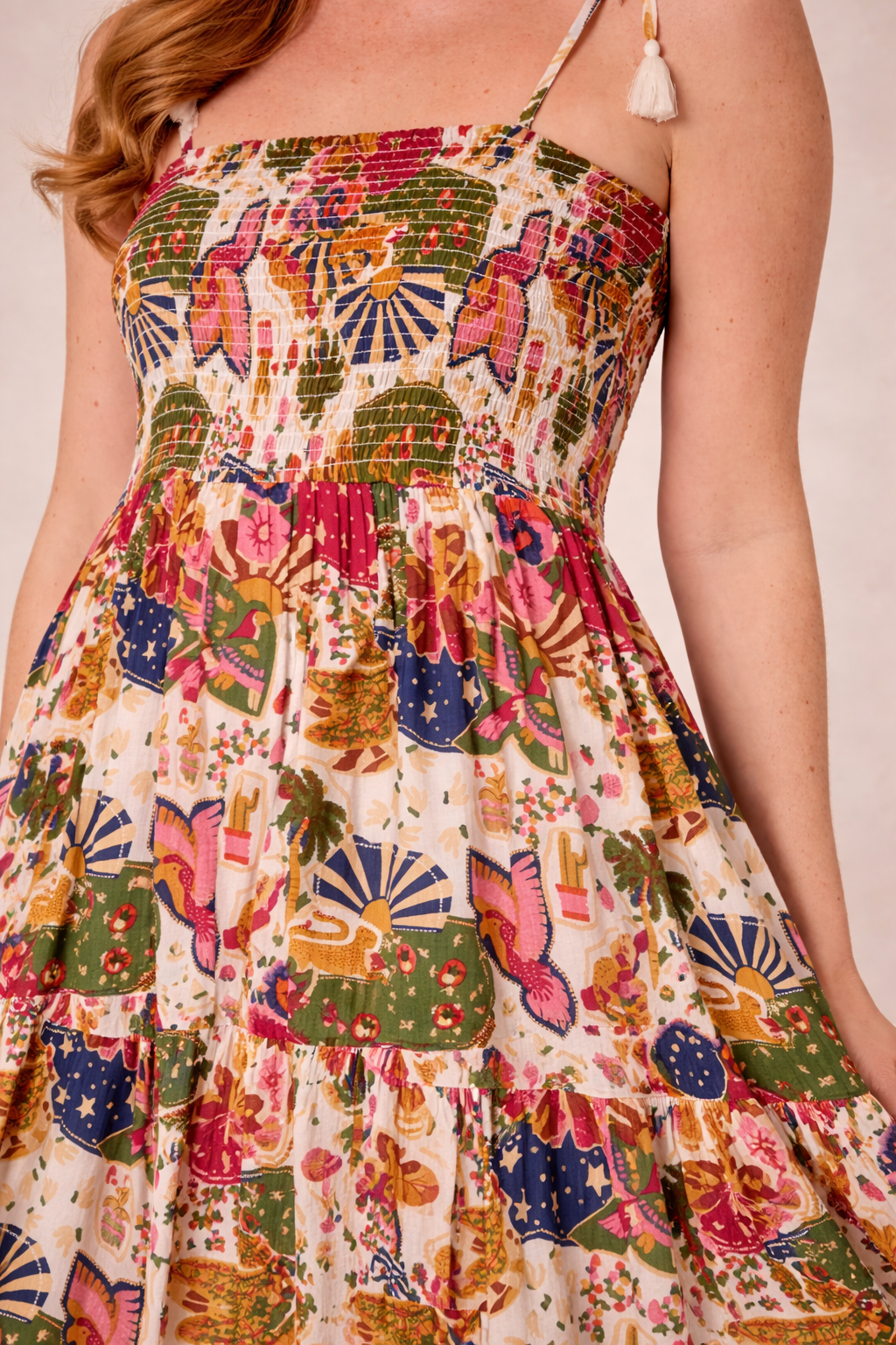 Whimsical Patchwork Shirred Midi Dress – Boho Printed Summer Dress with Adjustable Straps
