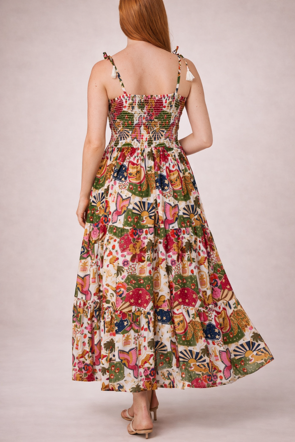 Whimsical Patchwork Shirred Midi Dress – Boho Printed Summer Dress with Adjustable Straps