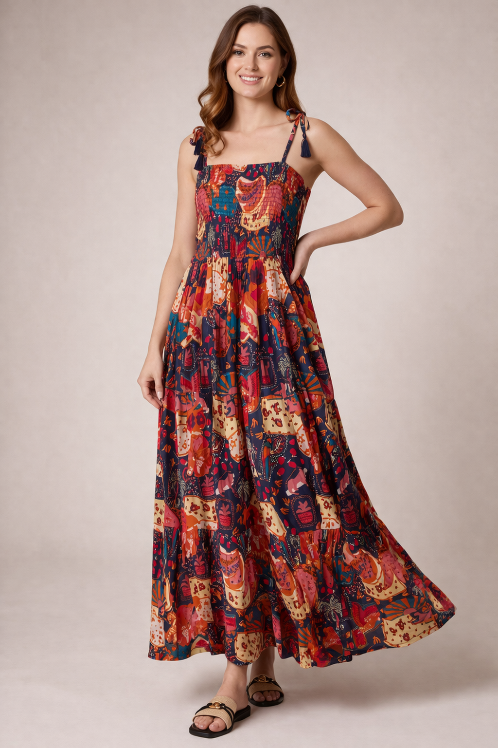 Whimsical Patchwork Shirred Midi Dress – Boho Printed Summer Dress with Adjustable Straps