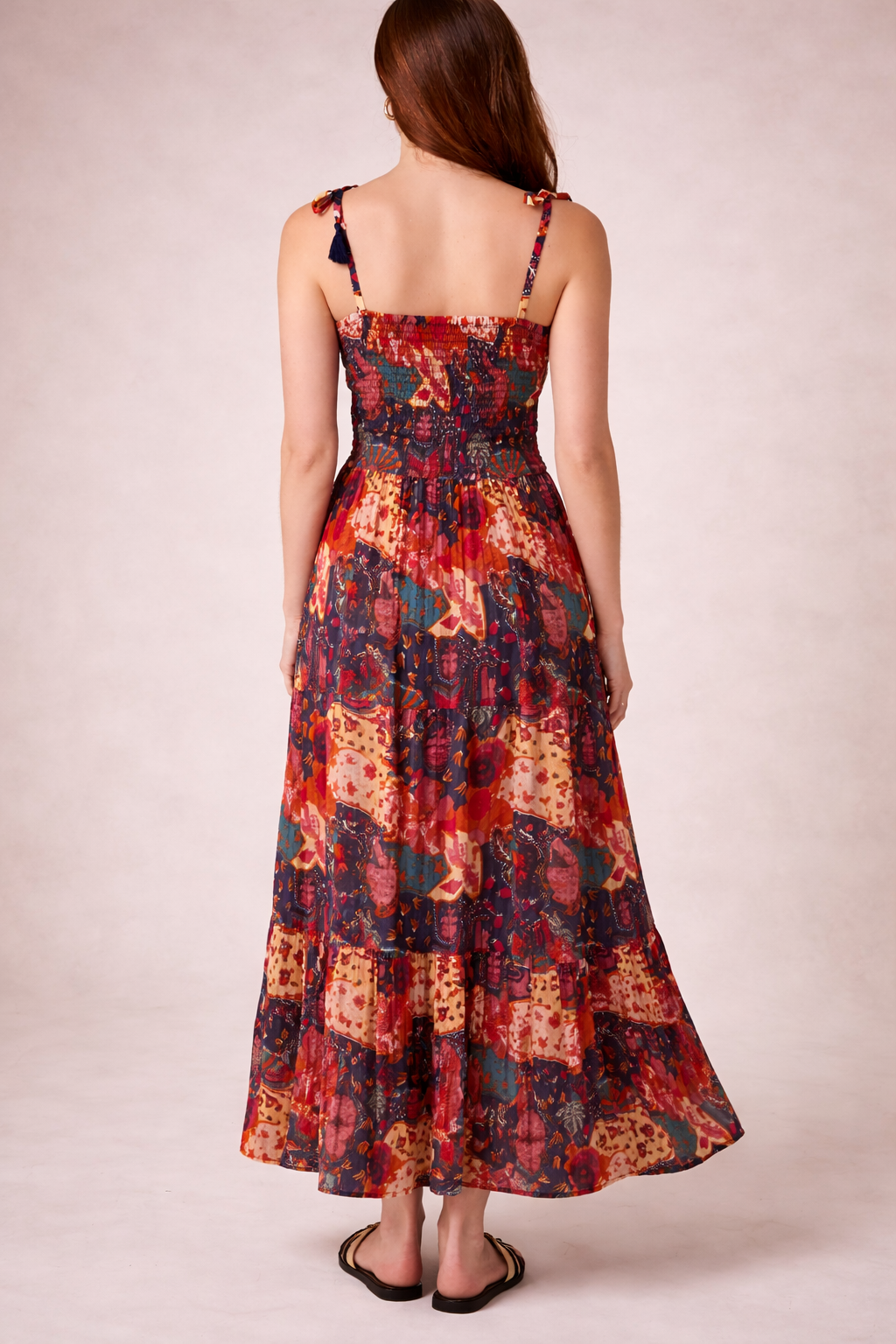 Whimsical Patchwork Shirred Midi Dress – Boho Printed Summer Dress with Adjustable Straps