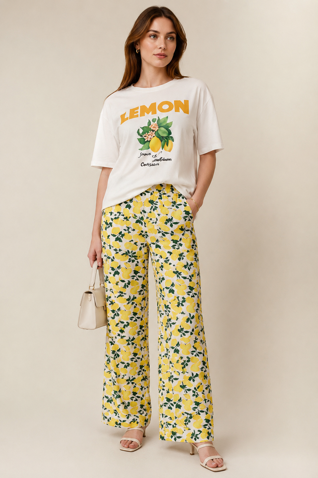 Lemon Print Pajama Set for Women – Oversized Graphic T-Shirt & Wide Leg Lounge Trousers