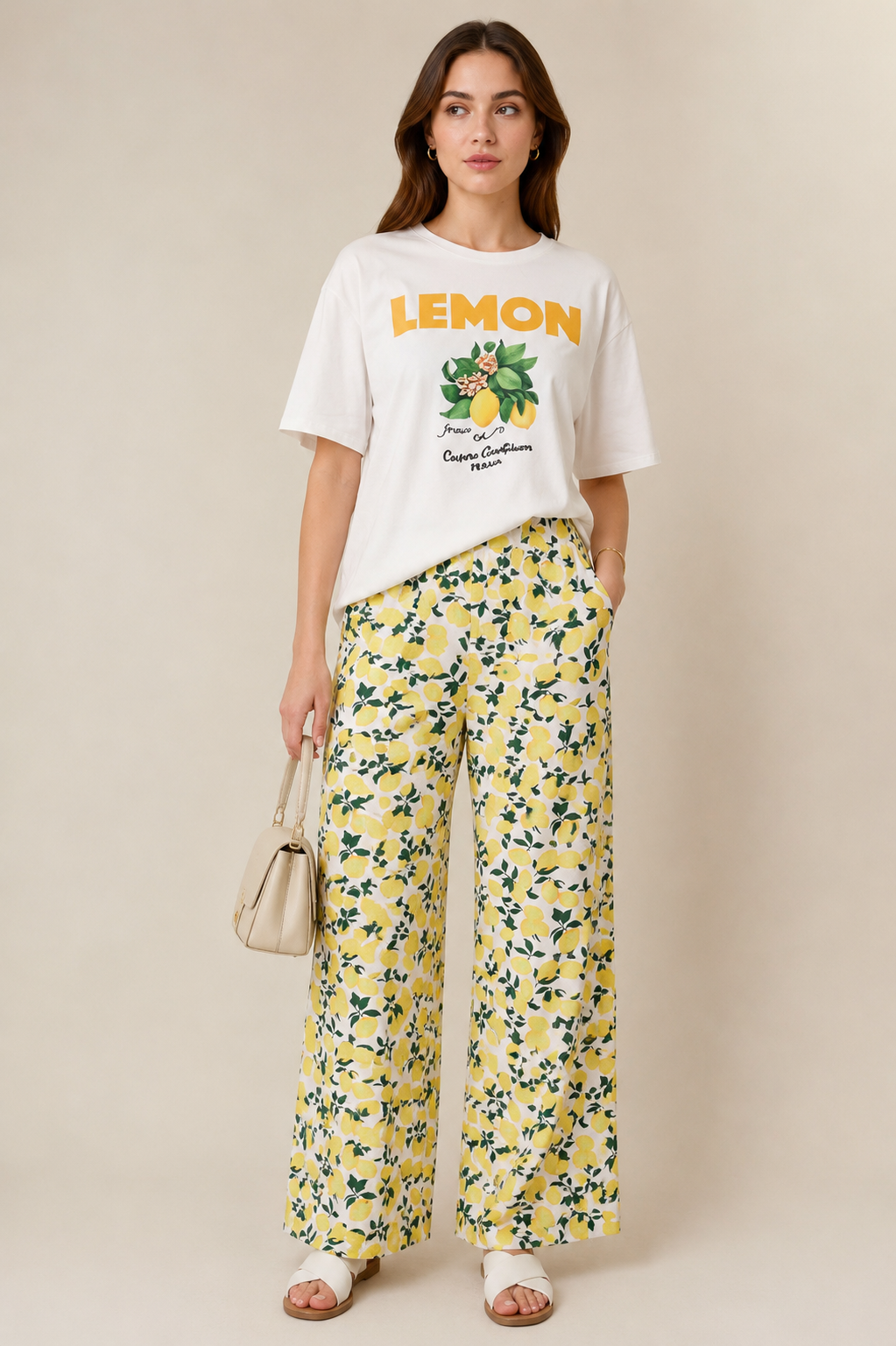 Lemon Print Pajama Set for Women – Oversized Graphic T-Shirt & Wide Leg Lounge Trousers