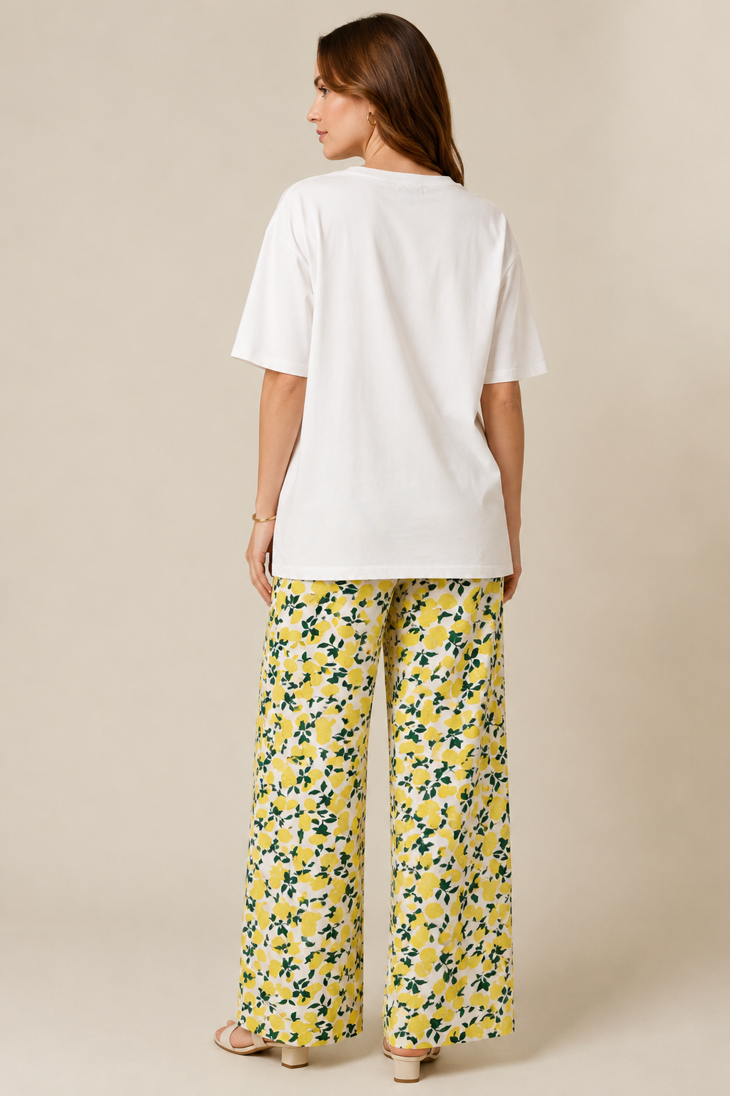 Lemon Print Pajama Set for Women – Oversized Graphic T-Shirt & Wide Leg Lounge Trousers