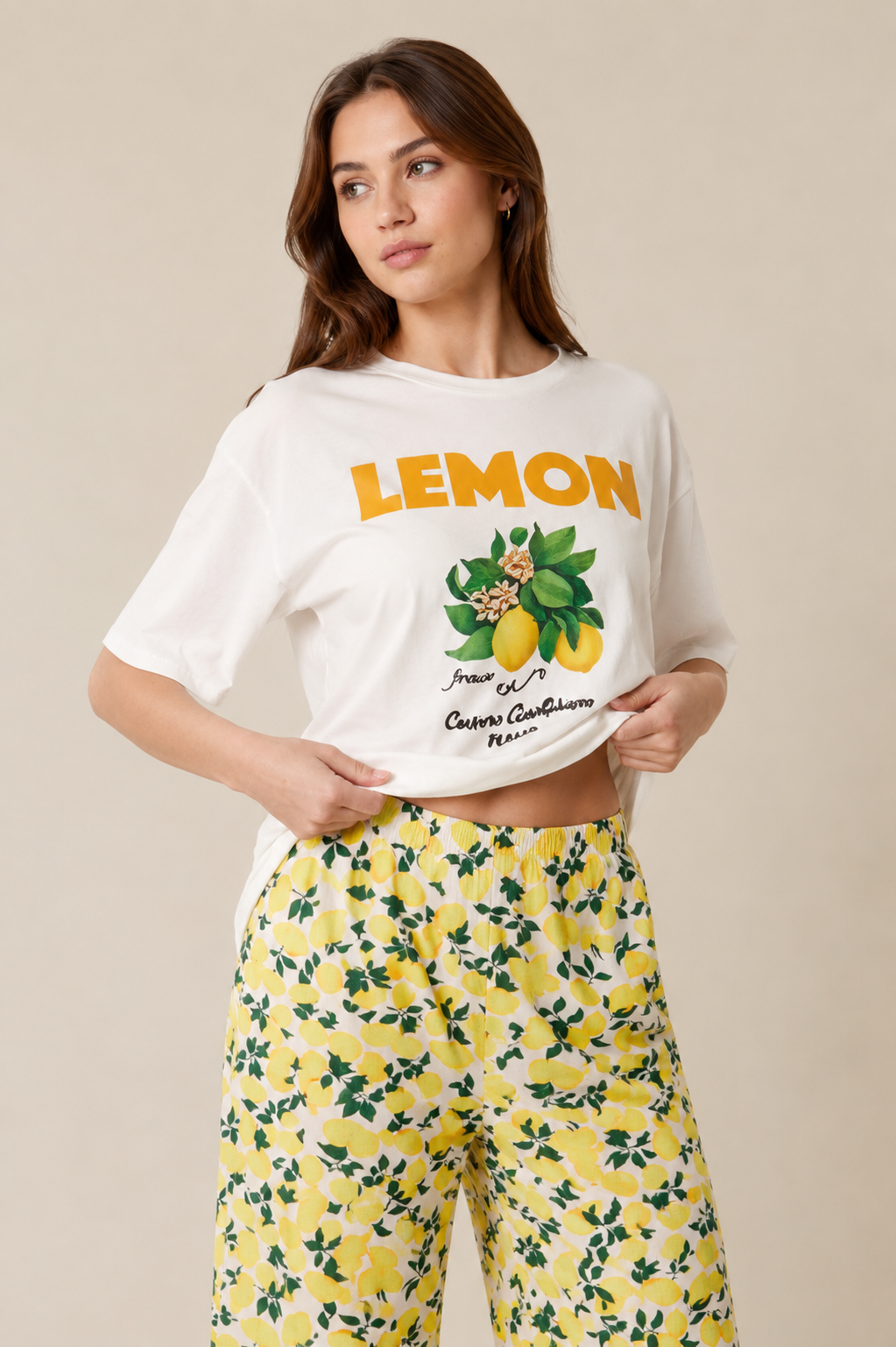 Lemon Print Pajama Set for Women – Oversized Graphic T-Shirt & Wide Leg Lounge Trousers