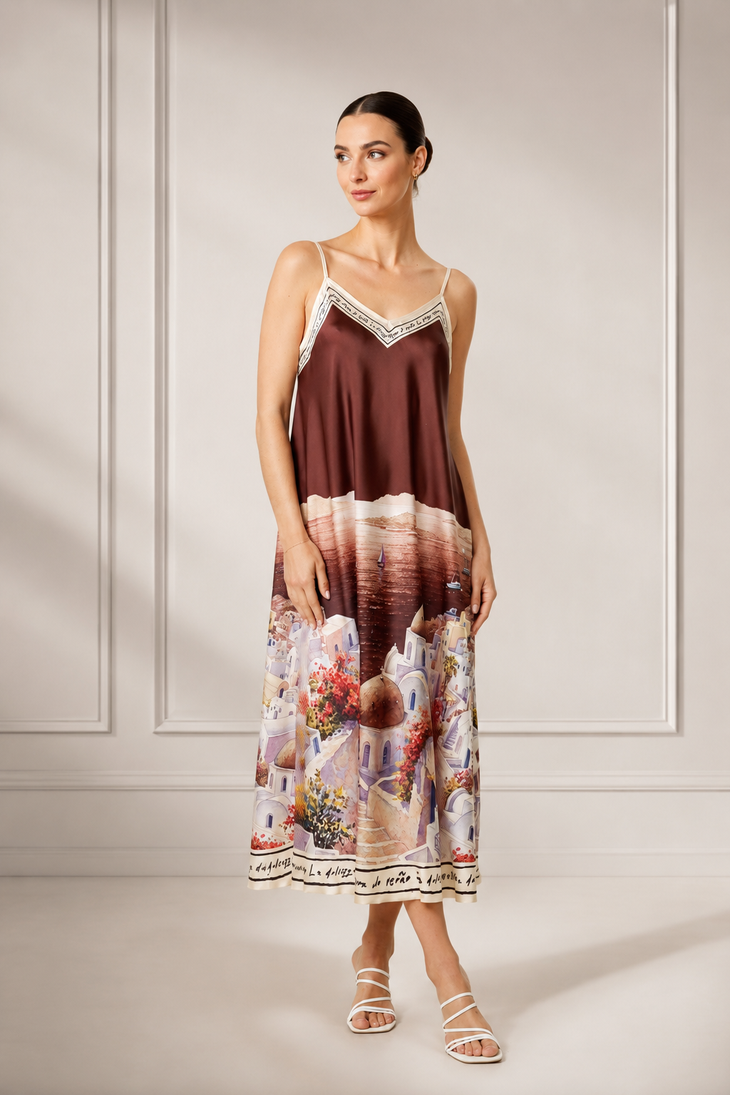 Santorini Satin Cami Midi Dress – Mediterranean Coastal Print Slip Dress