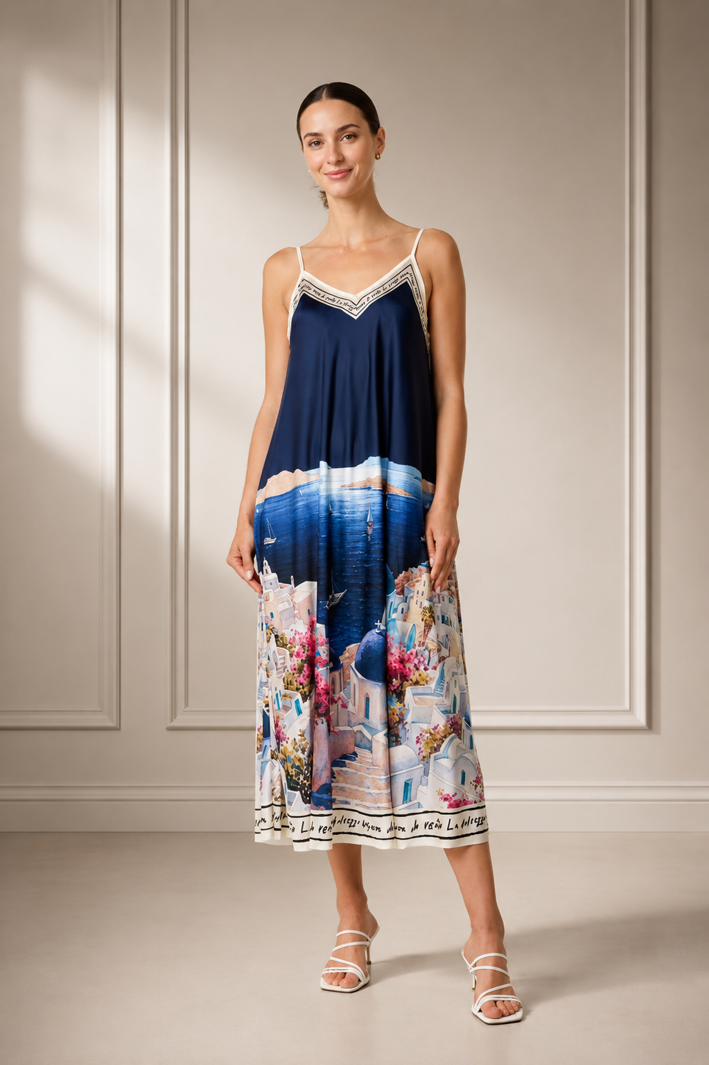 Santorini Satin Cami Midi Dress – Mediterranean Coastal Print Slip Dress