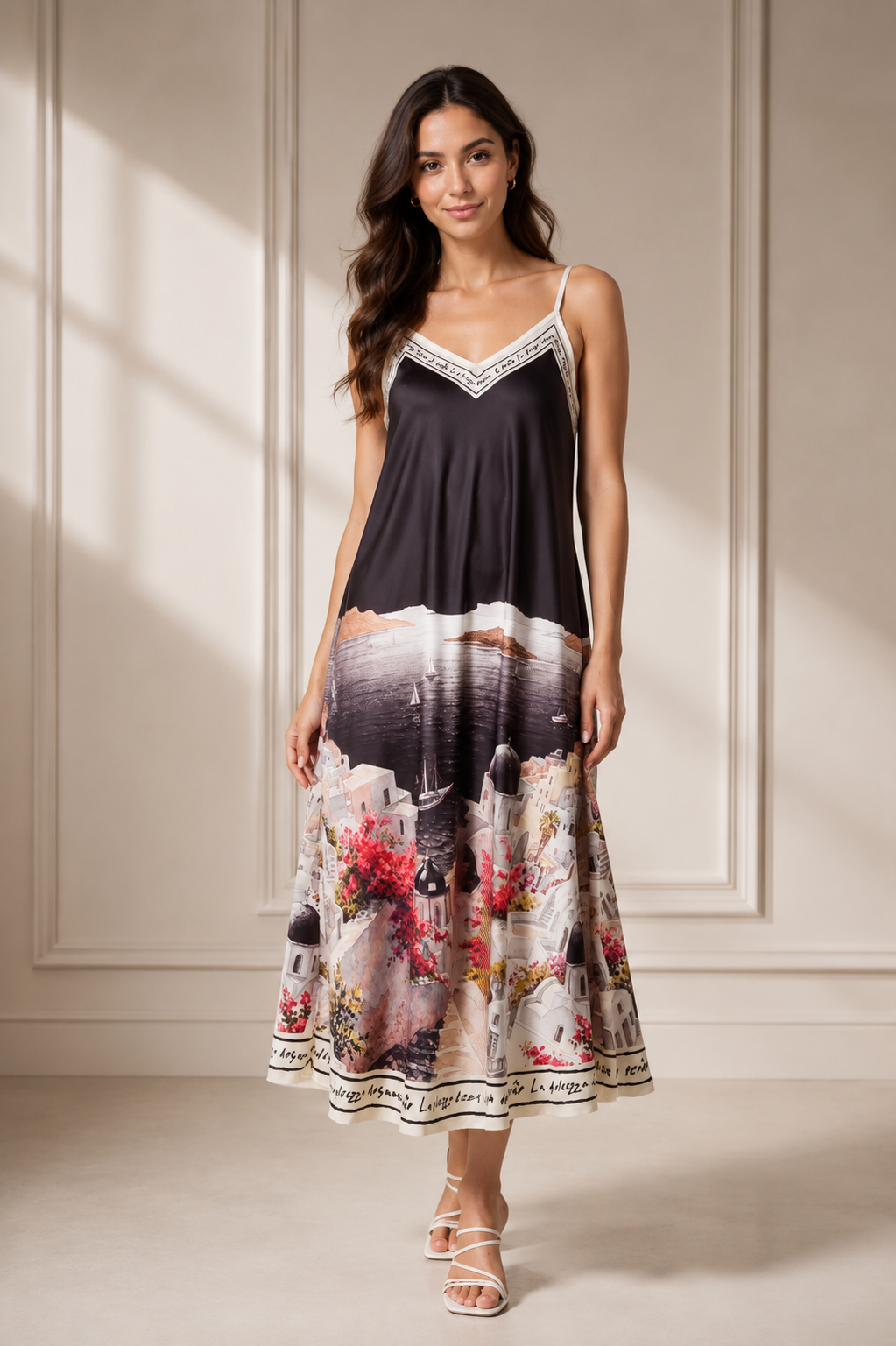 Santorini Satin Cami Midi Dress – Mediterranean Coastal Print Slip Dress