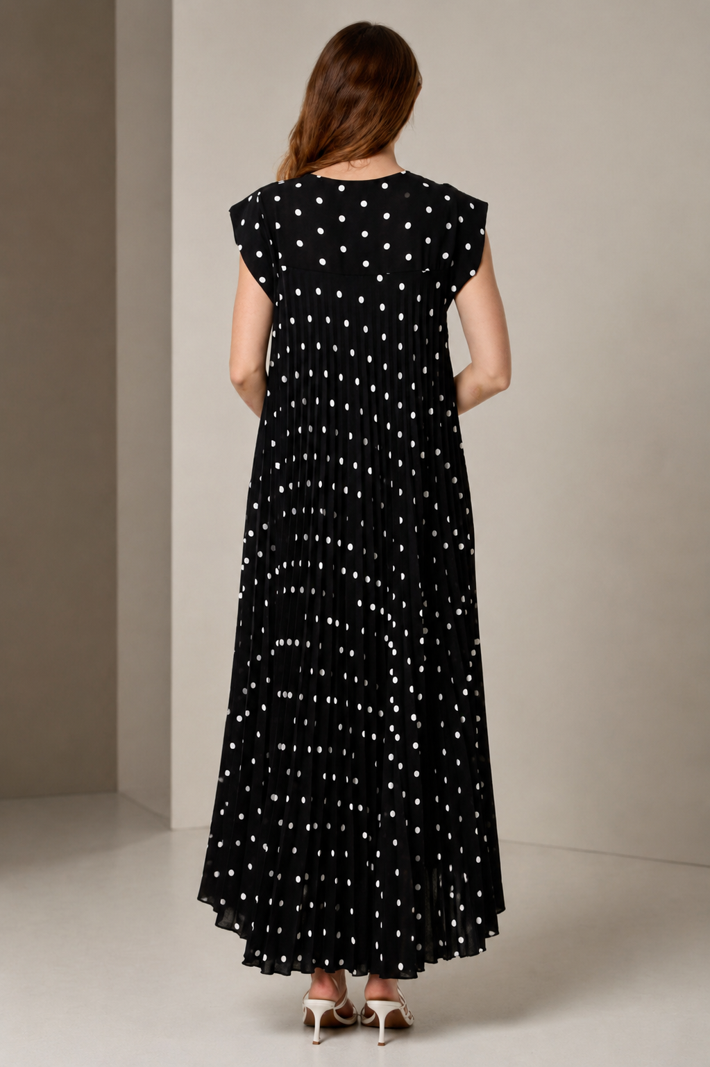 Polka Dot Cap Sleeve Pleated Flowy Maxi Dress