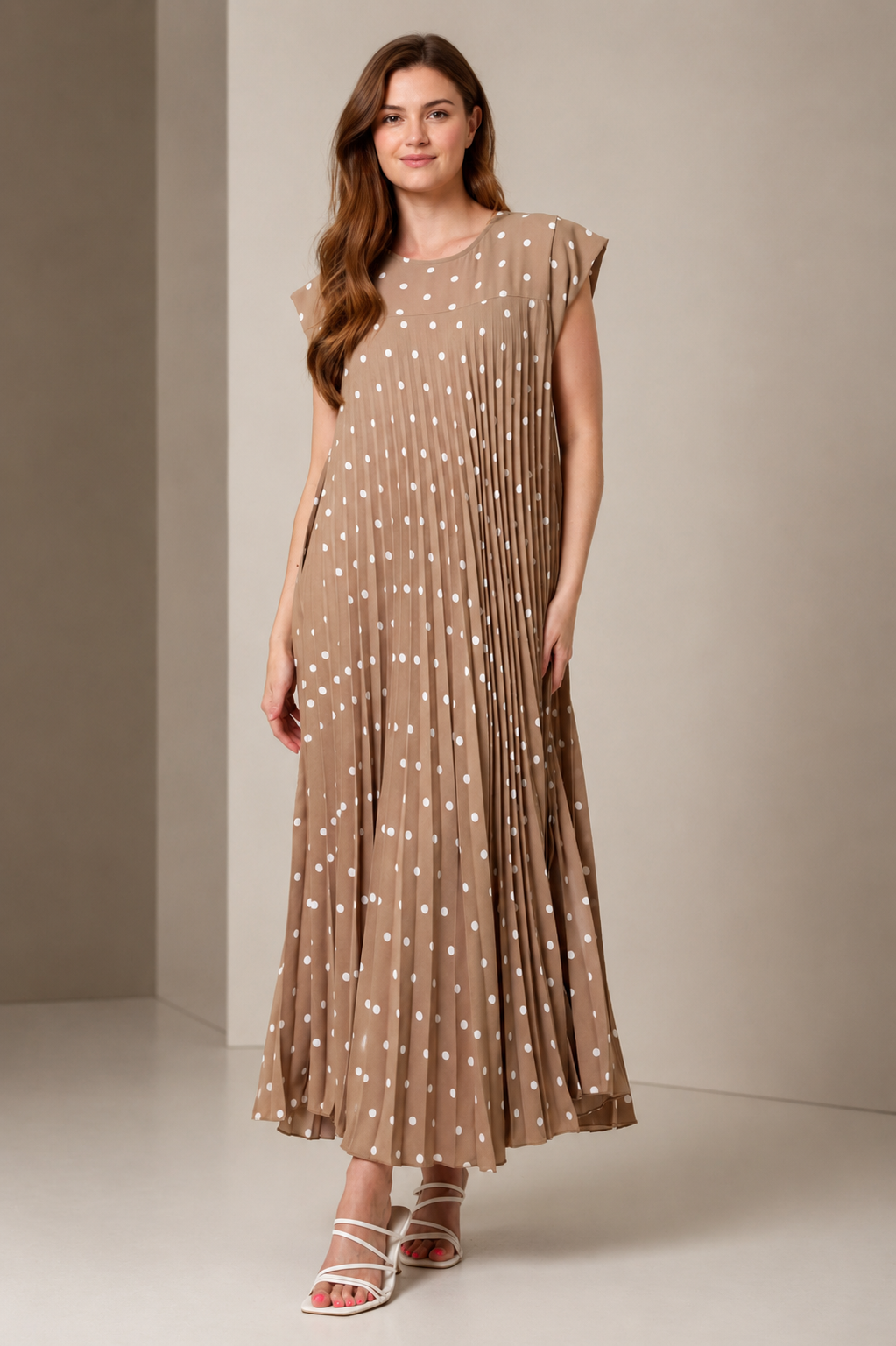 Polka Dot Cap Sleeve Pleated Flowy Maxi Dress