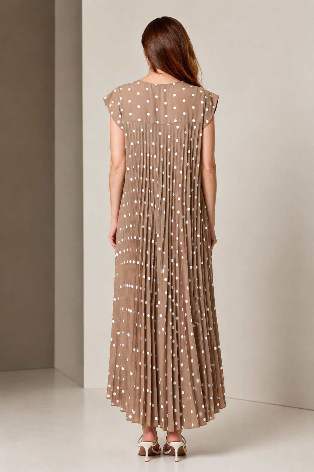 Polka Dot Cap Sleeve Pleated Flowy Maxi Dress