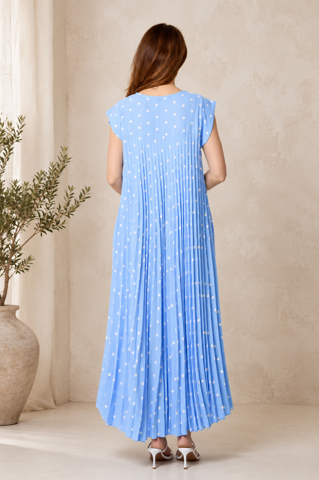 Polka Dot Cap Sleeve Pleated Flowy Maxi Dress