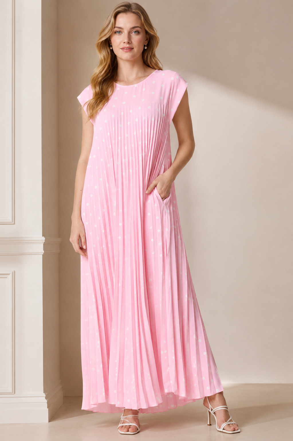 Polka Dot Cap Sleeve Pleated Flowy Maxi Dress