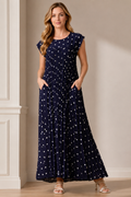 Polka Dot Cap Sleeve Pleated Flowy Maxi Dress