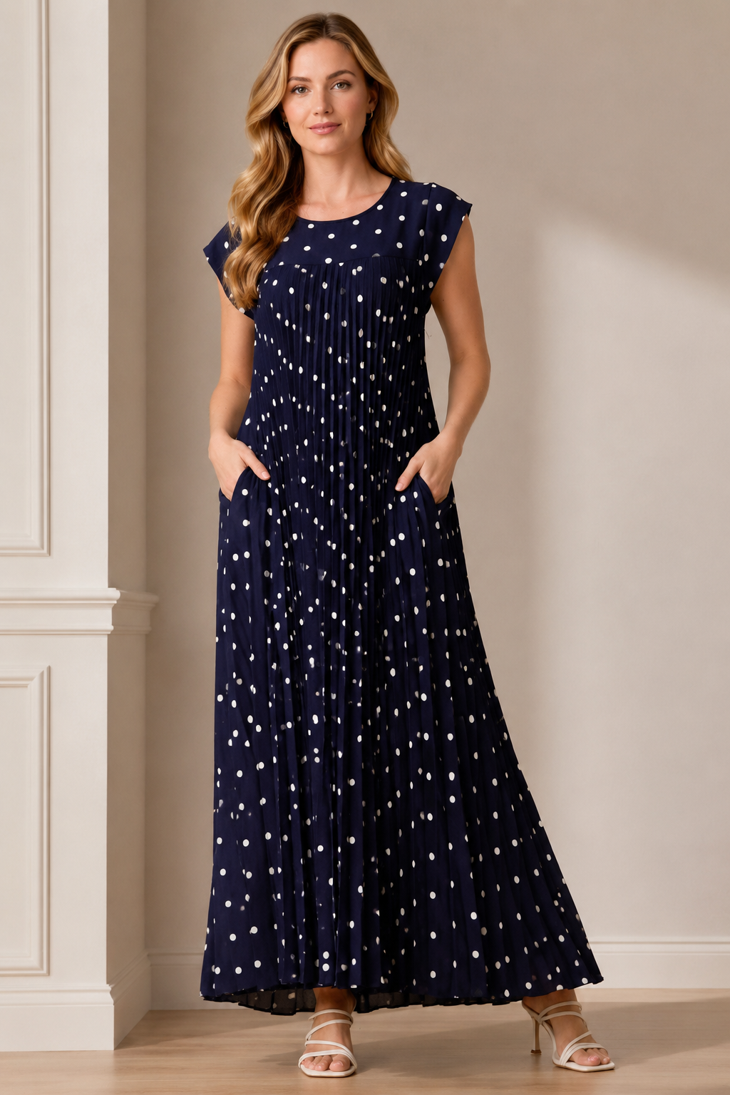 Polka Dot Cap Sleeve Pleated Flowy Maxi Dress