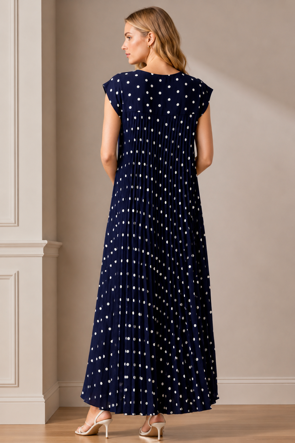 Polka Dot Cap Sleeve Pleated Flowy Maxi Dress
