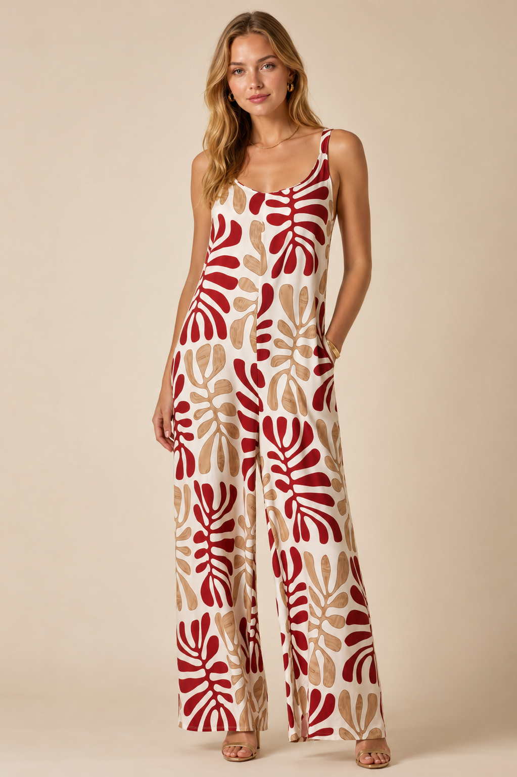 Bohemian Leaf Print Wide Leg Jumpsuit