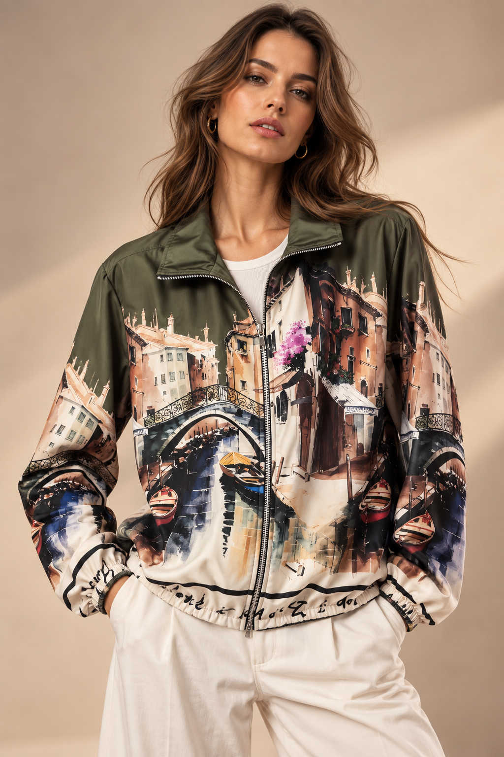 Venice Print Bomber Zip Up Jacket
