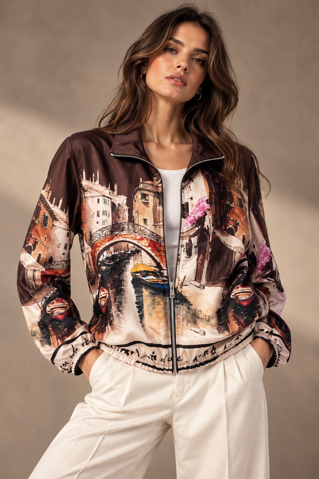Venice Print Bomber Zip Up Jacket