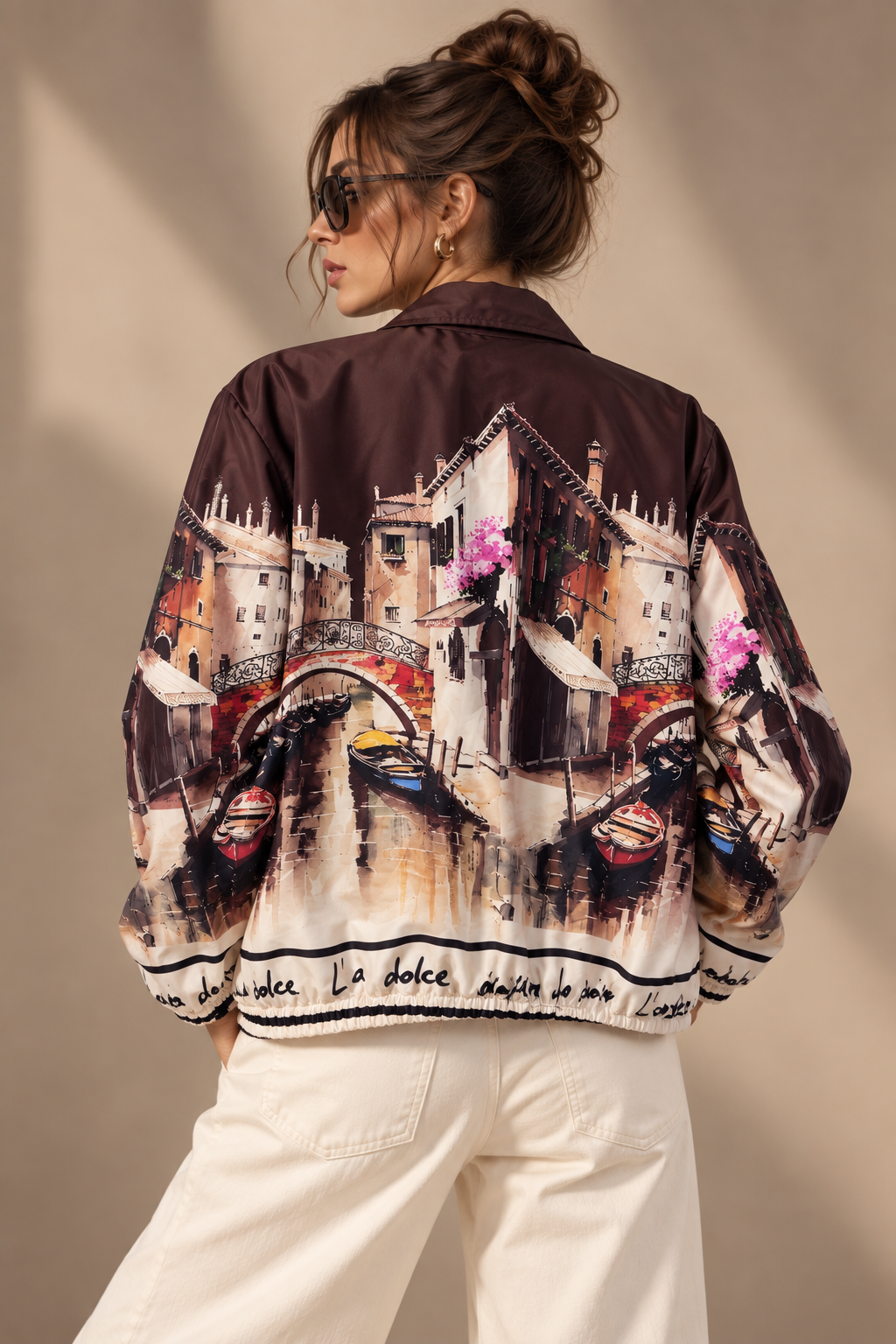 Venice Print Bomber Zip Up Jacket