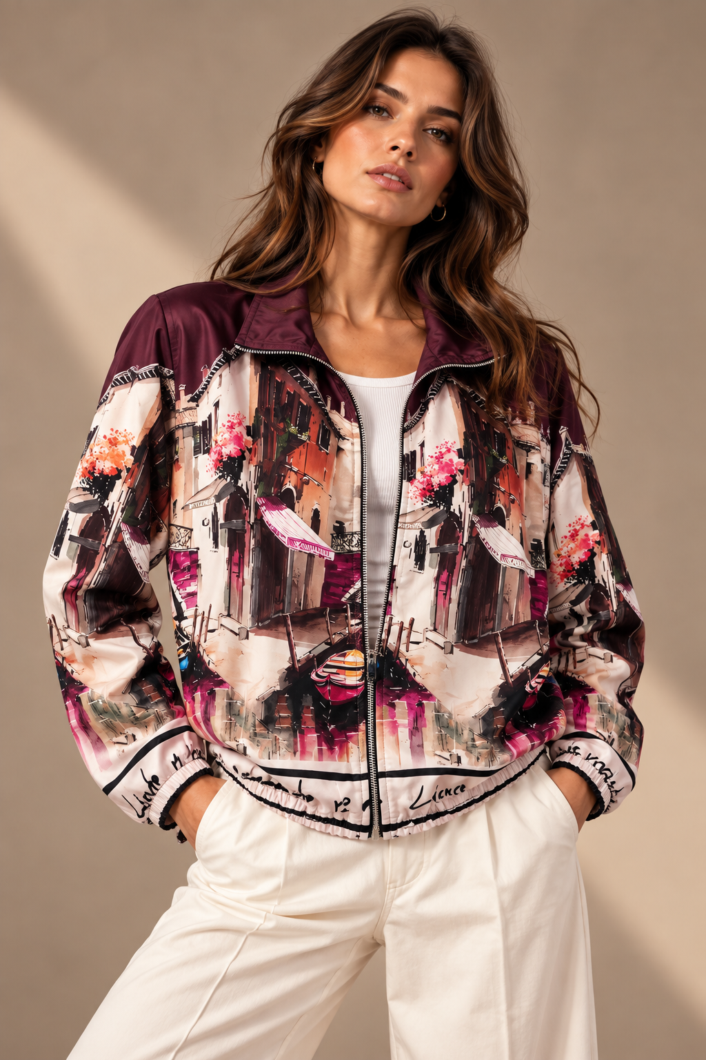 Venice Print Bomber Zip Up Jacket