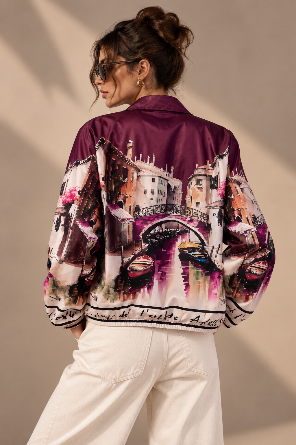 Venice Print Bomber Zip Up Jacket