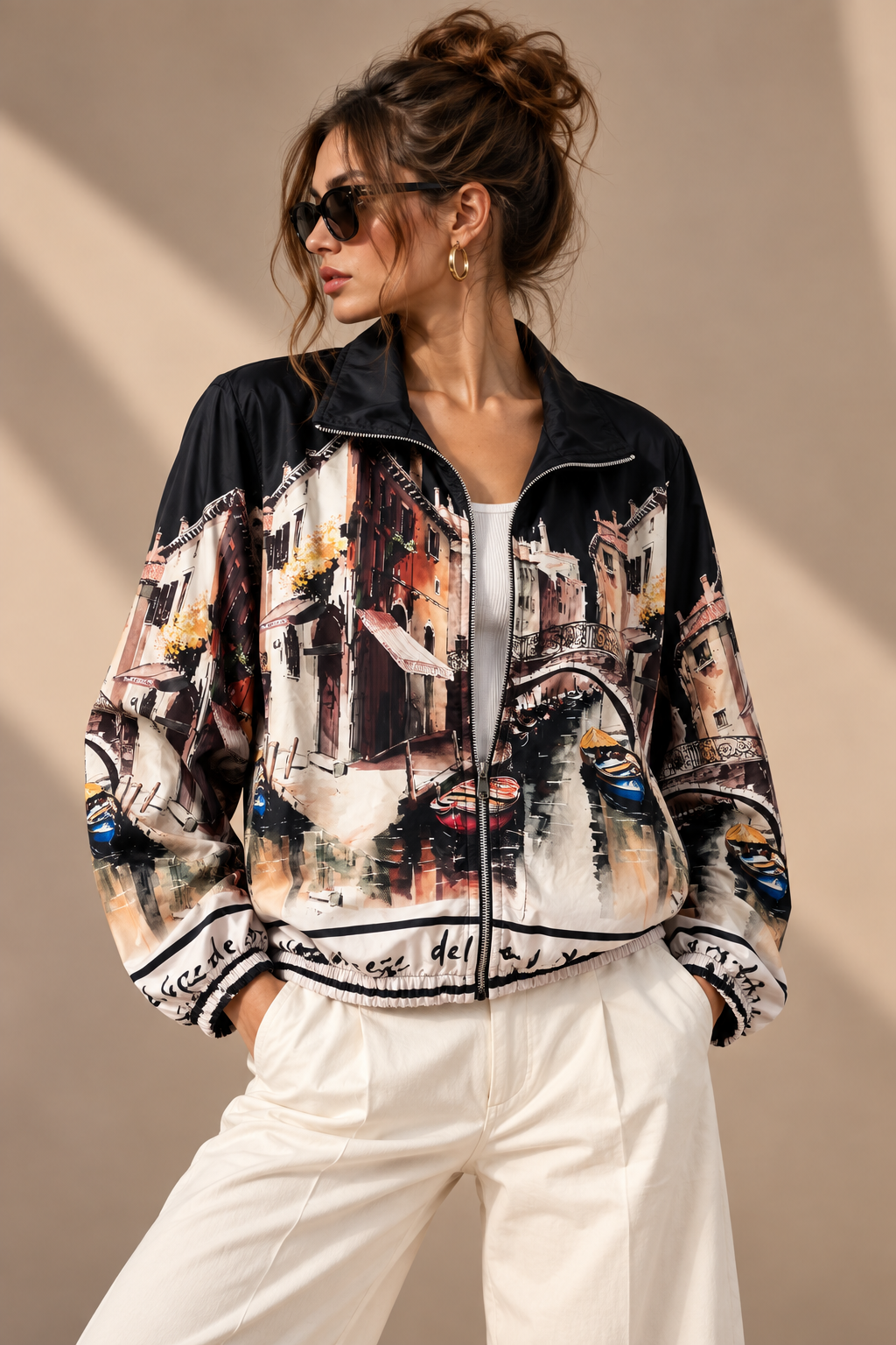 Venice Print Bomber Zip Up Jacket