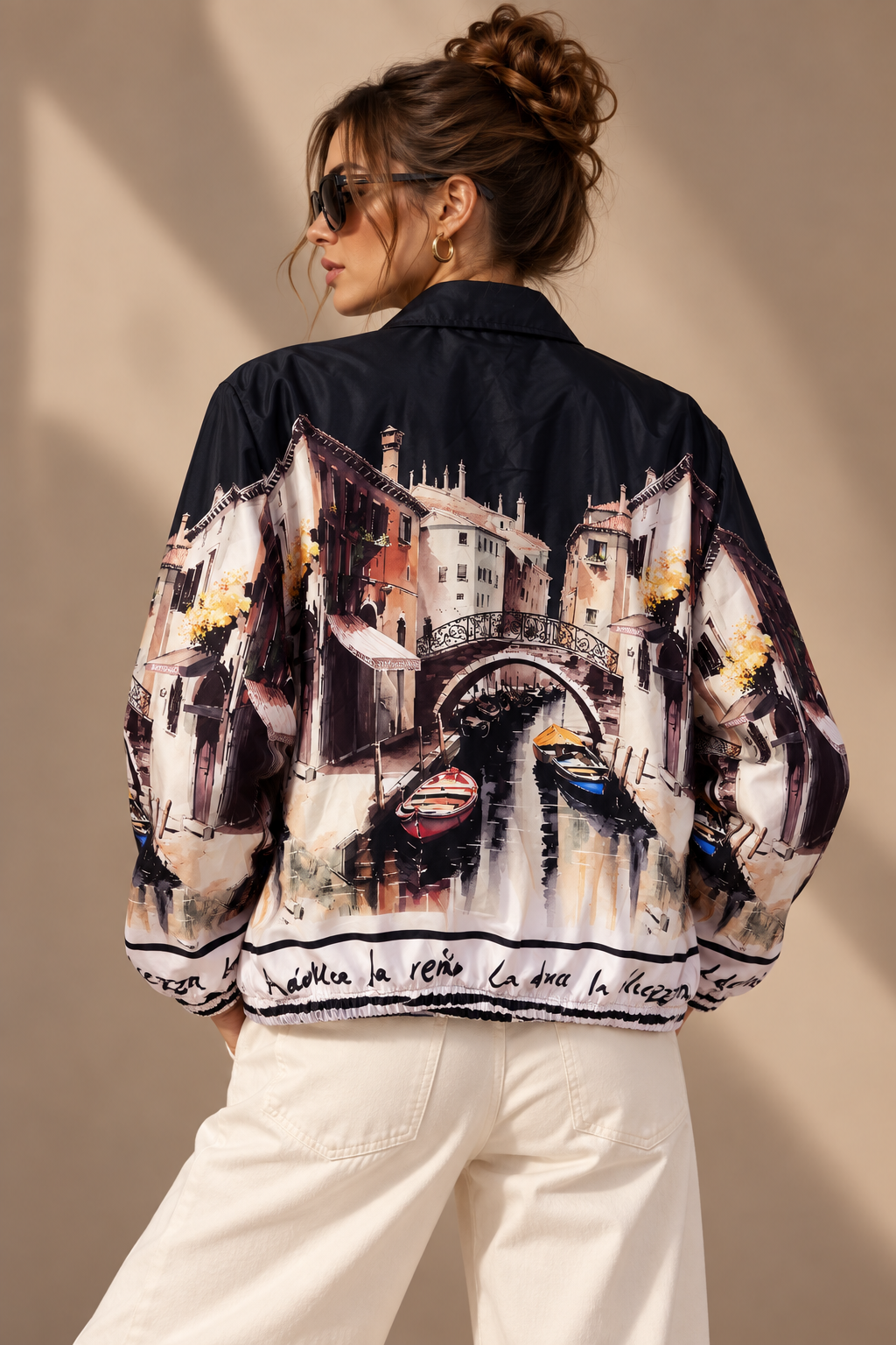 Venice Print Bomber Zip Up Jacket