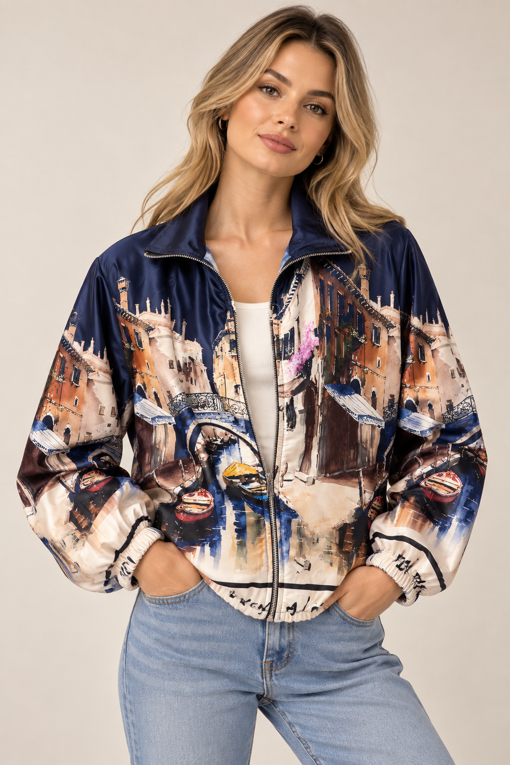 Venice Print Bomber Zip Up Jacket