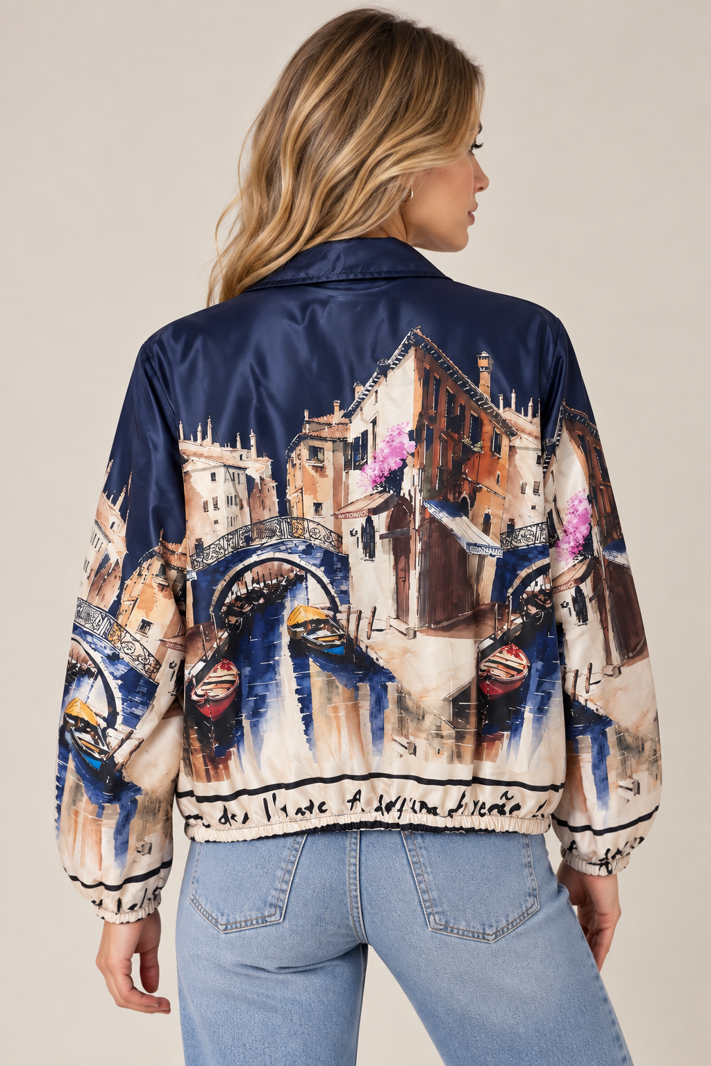 Venice Print Bomber Zip Up Jacket