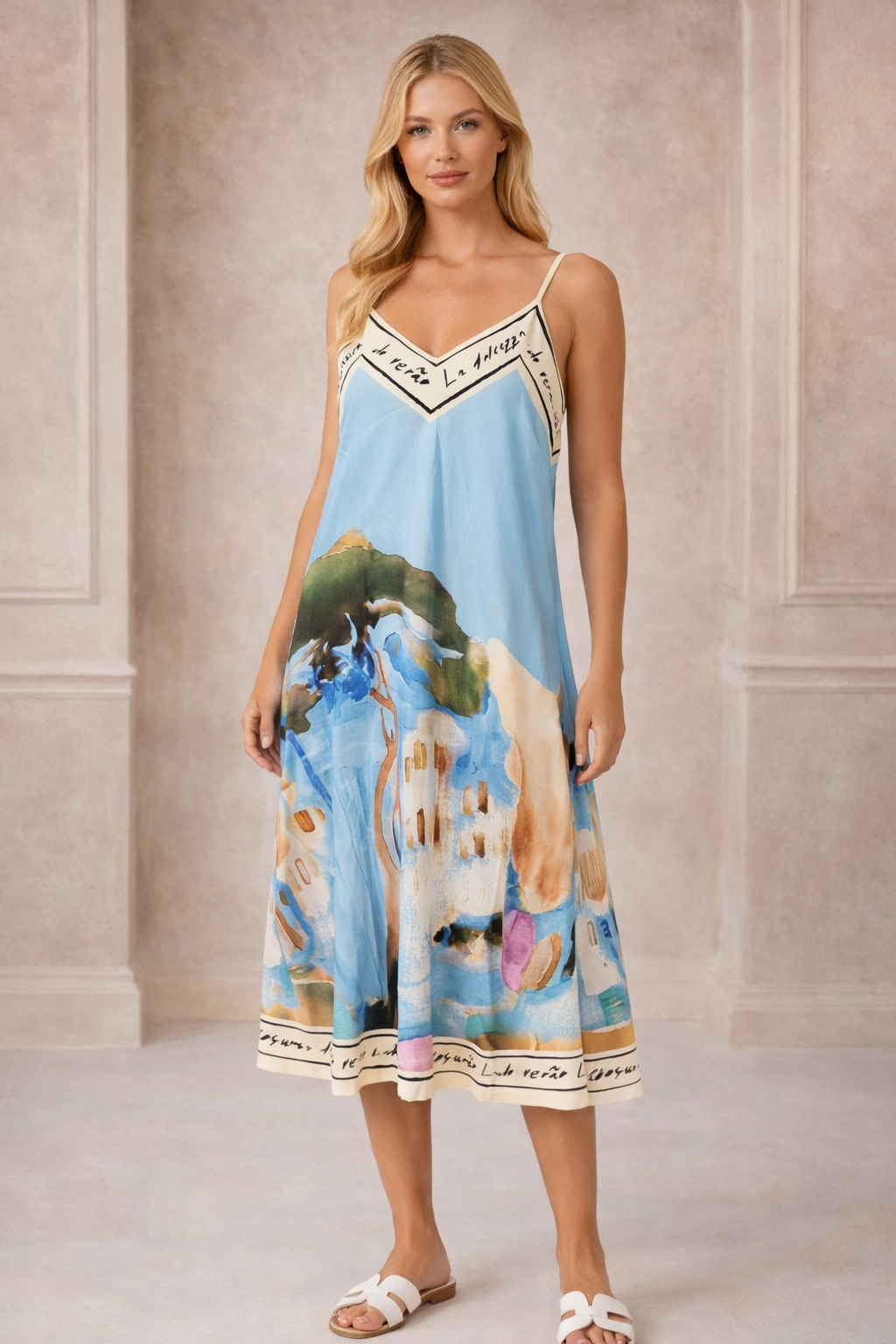 Satin Cami Border Print Swing Dress – One Size Summer Sleeveless Cami Dress