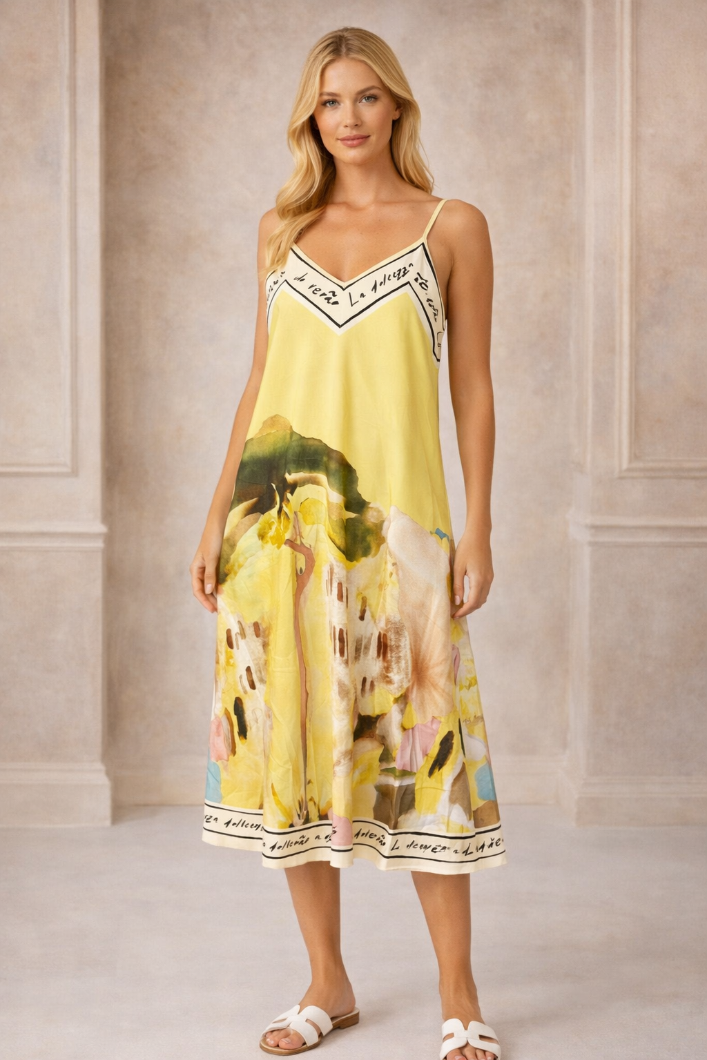 Satin Cami Border Print Swing Dress – One Size Summer Sleeveless Cami Dress
