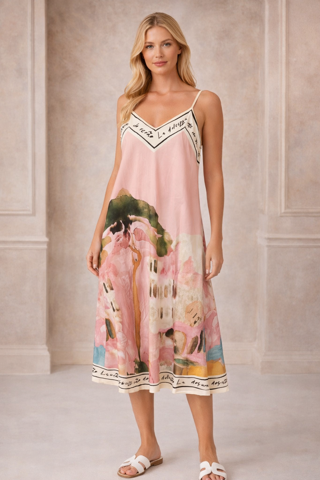 Satin Cami Border Print Swing Dress – One Size Summer Sleeveless Cami Dress