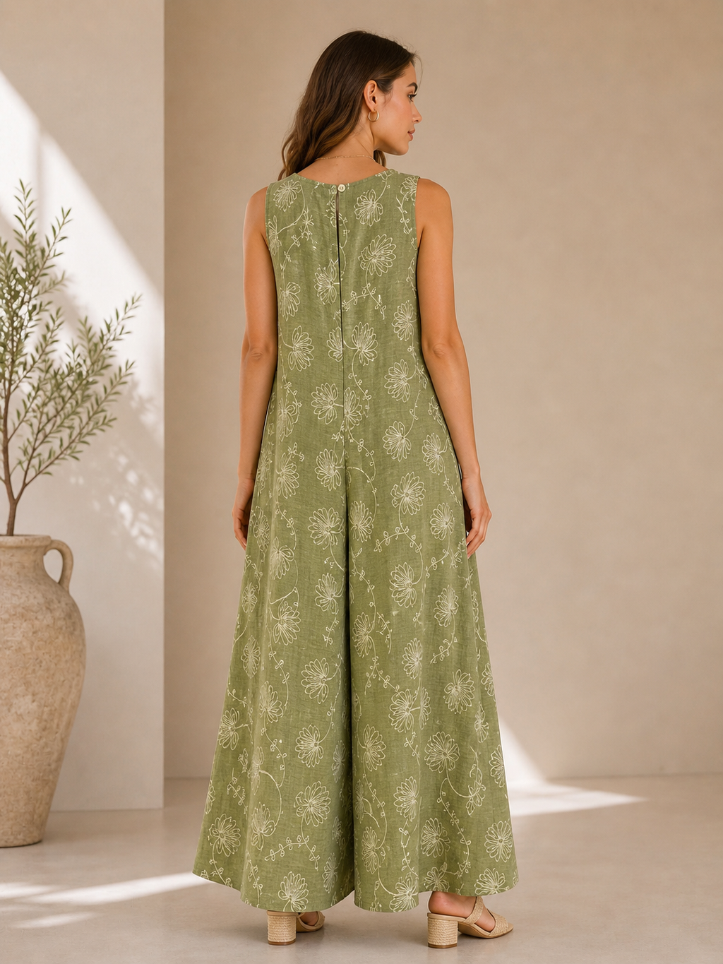 Floral Linen Blend Jumpsuit for Women – Sleeveless Wide Leg Summer Outfit with Embroidered Flowers
