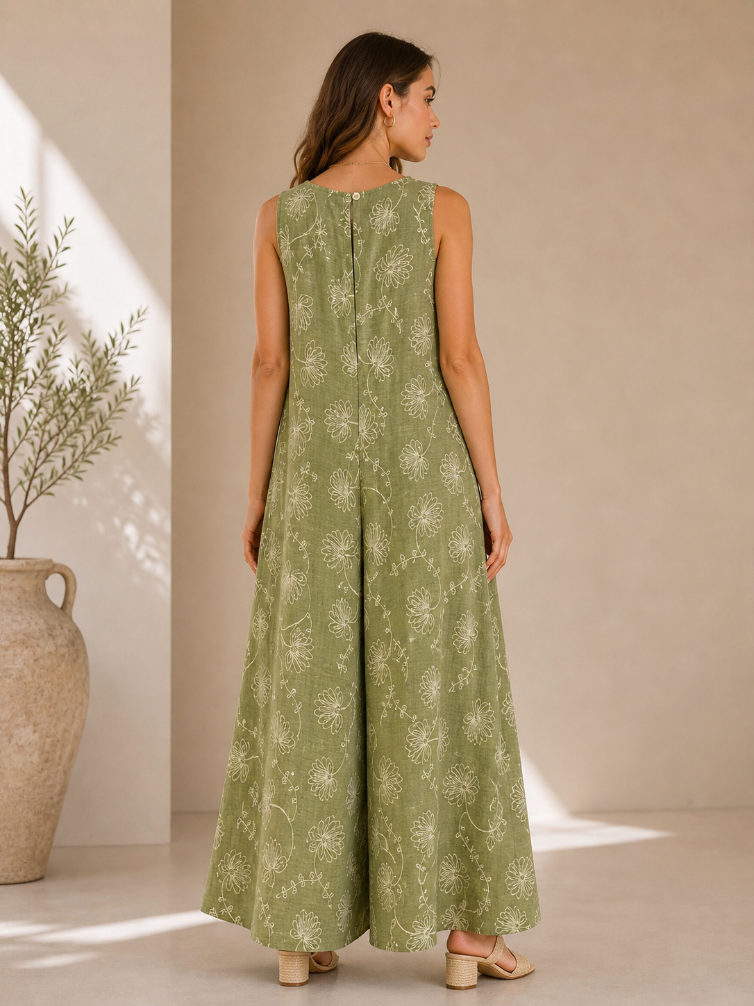 Floral Linen Blend Jumpsuit for Women – Sleeveless Wide Leg Summer Outfit with Embroidered Flowers
