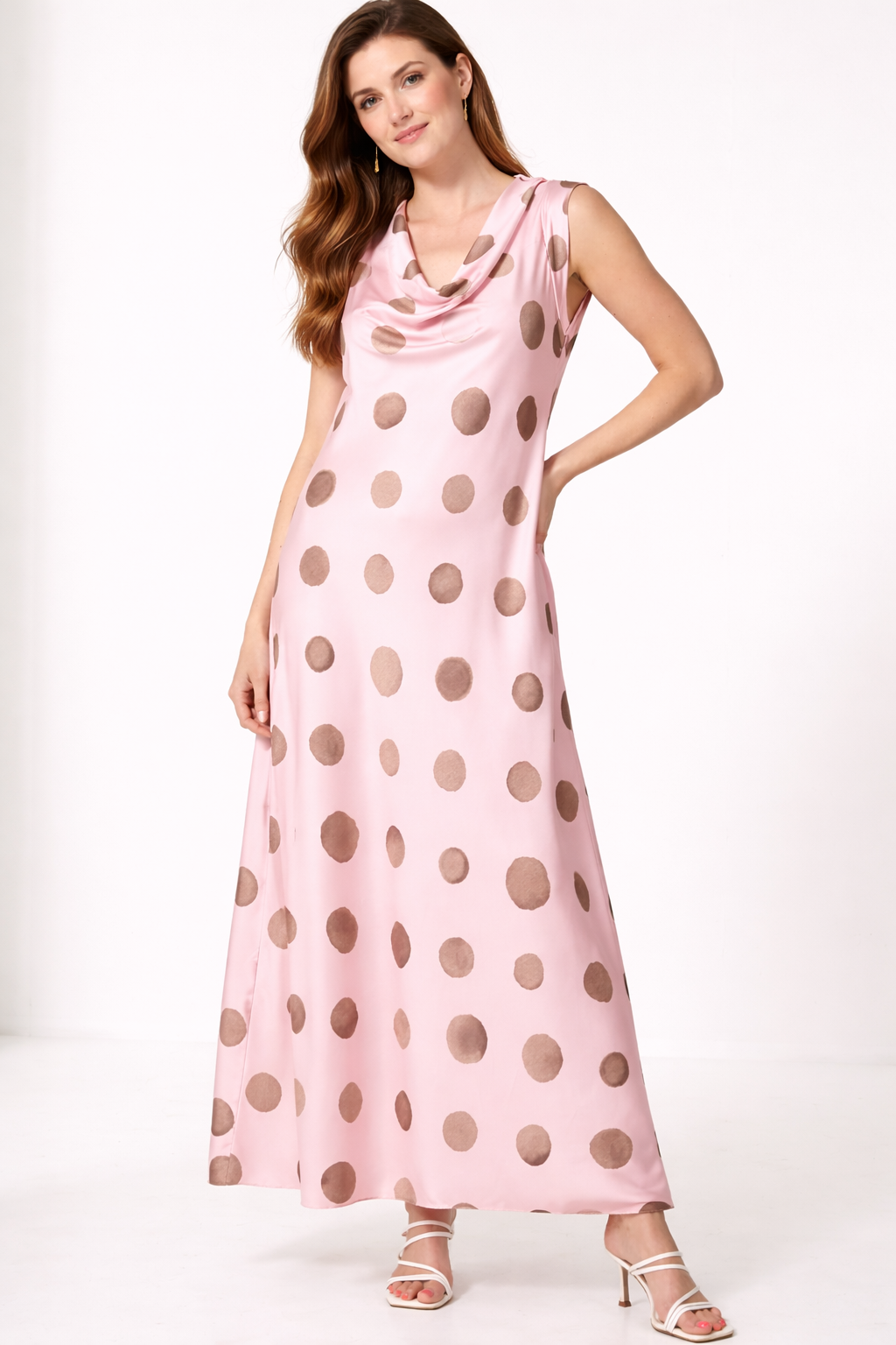 Elegant Satin Polka Dot Maxi Dress for Women – Cowl Neck Sleeveless Summer Dress