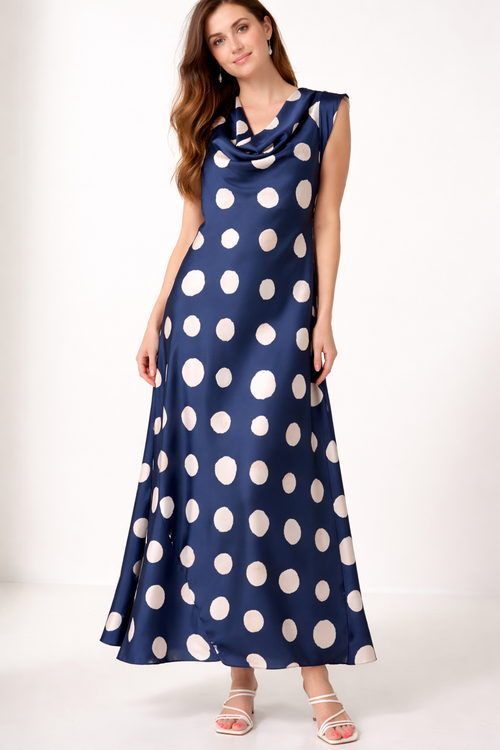 Elegant Satin Polka Dot Maxi Dress for Women – Cowl Neck Sleeveless Summer Dress