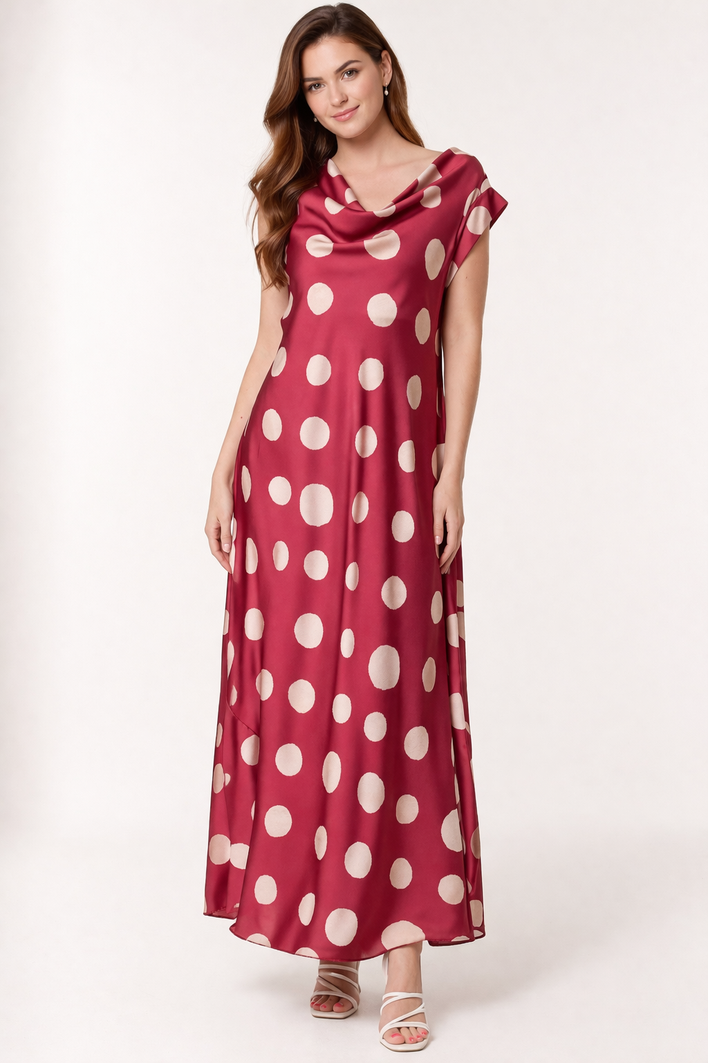 Elegant Satin Polka Dot Maxi Dress for Women – Cowl Neck Sleeveless Summer Dress