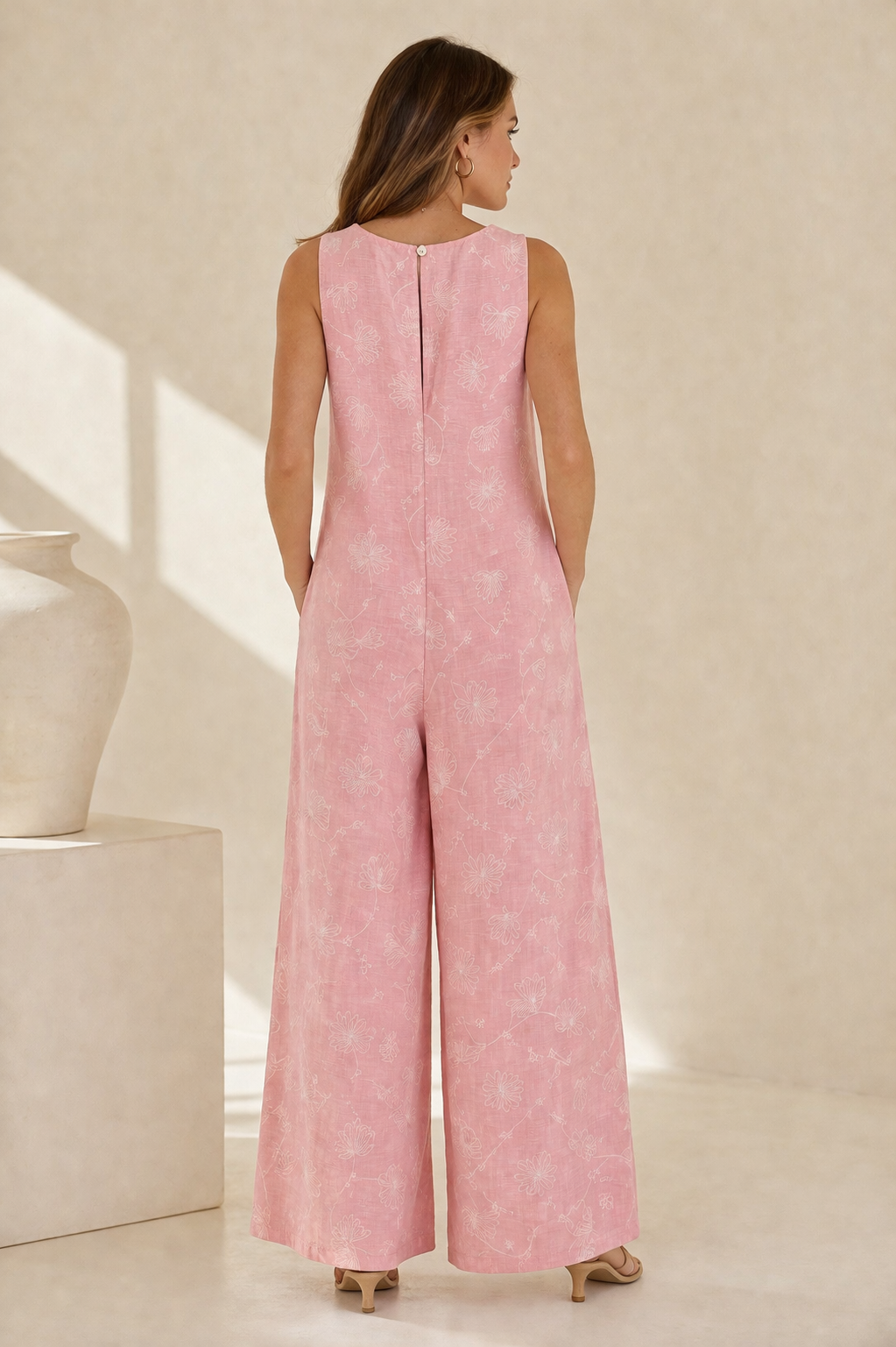 Floral Linen Blend Jumpsuit for Women – Sleeveless Wide Leg Summer Outfit with Embroidered Flowers