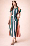 Striped Midi Shirt Dress – Belted Button-Down Summer Dress with Short Sleeves