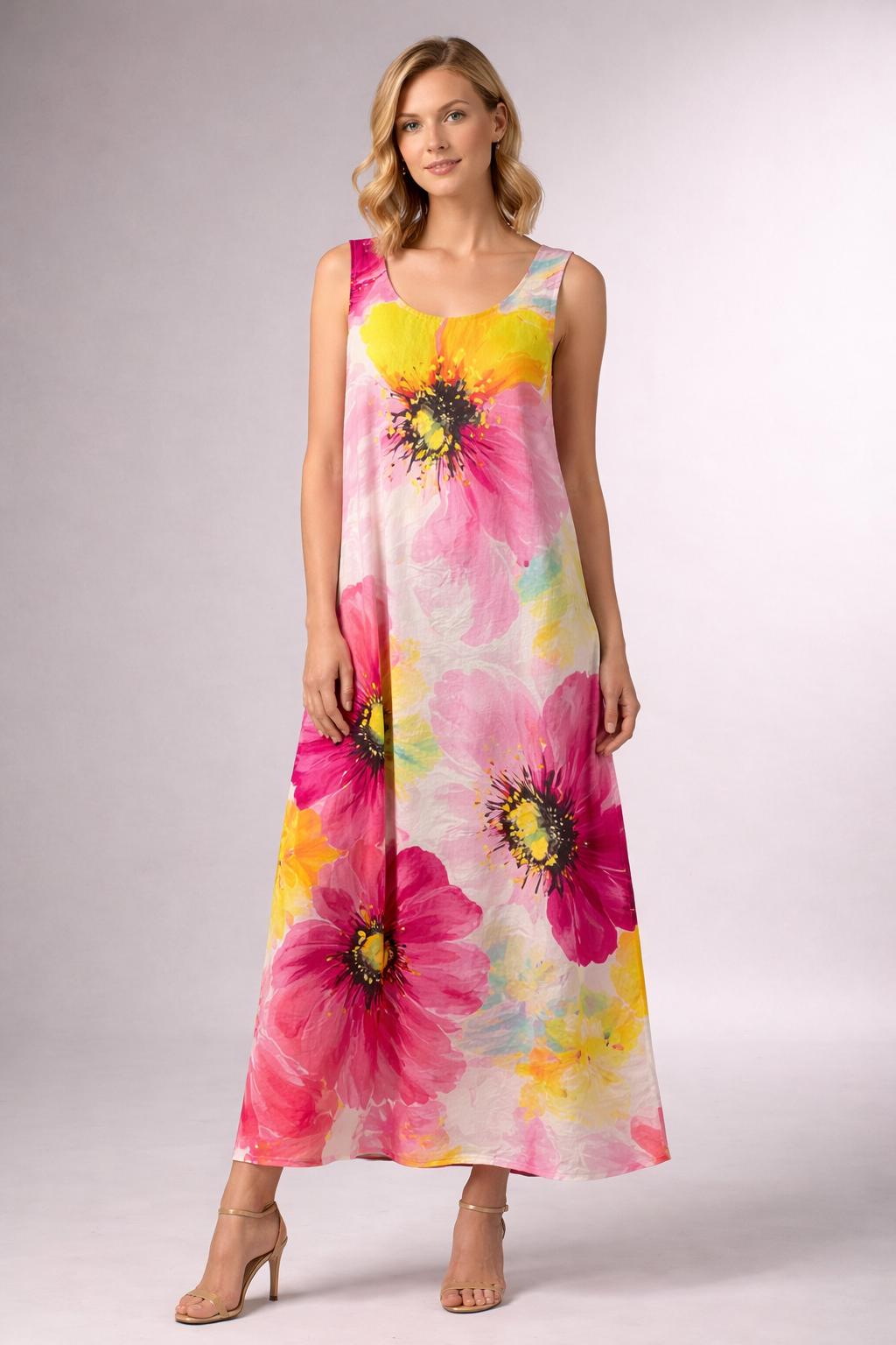 Elegant Sleeveless Floral Maxi Dress for Women – Soft Flowy Summer Dress