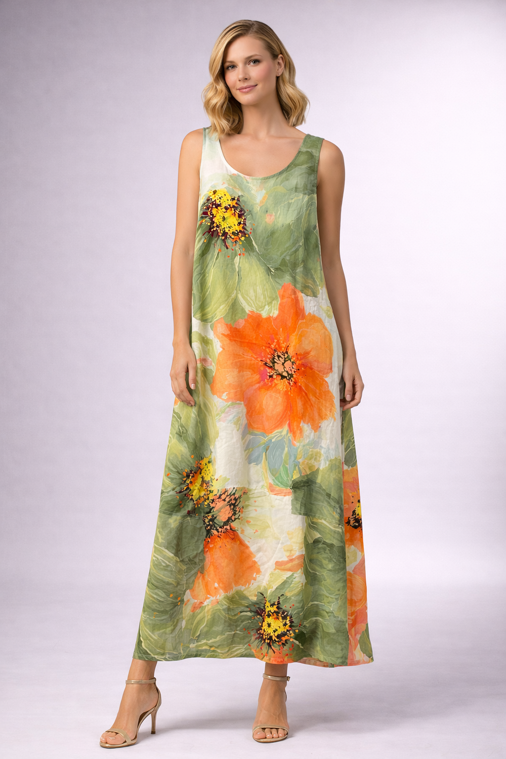 Elegant Sleeveless Floral Maxi Dress for Women – Soft Flowy Summer Dress