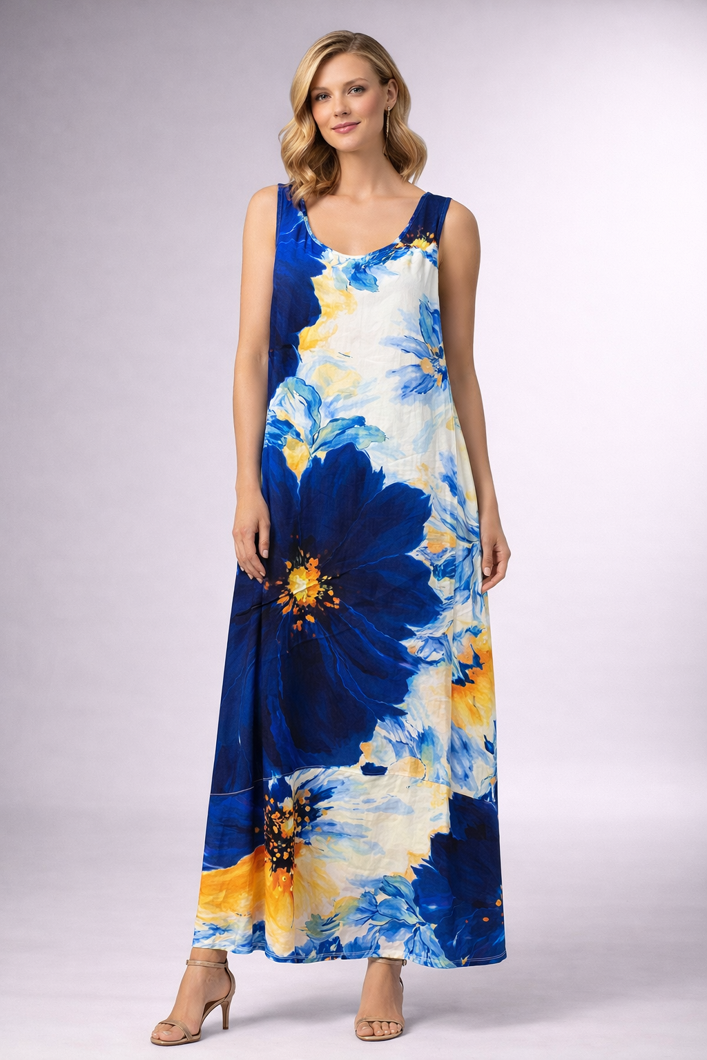 Elegant Sleeveless Floral Maxi Dress for Women – Soft Flowy Summer Dress