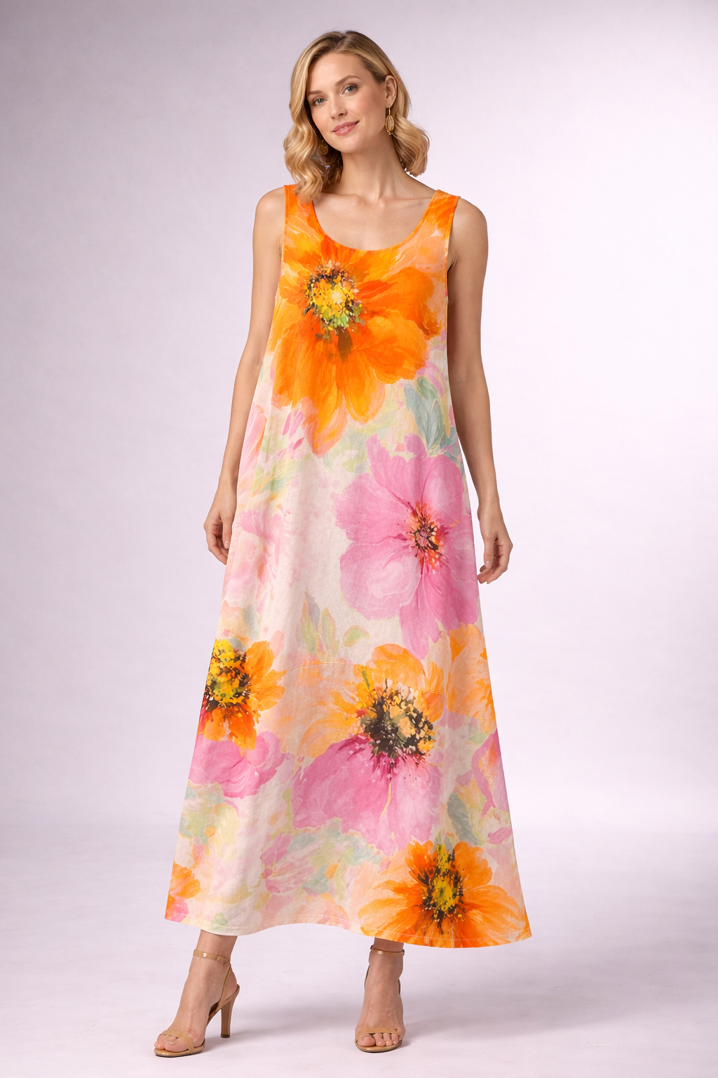 Elegant Sleeveless Floral Maxi Dress for Women – Soft Flowy Summer Dress