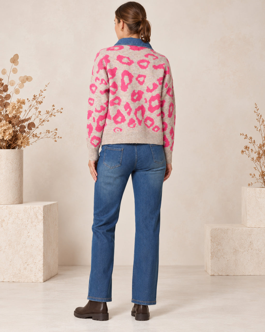 Animal Print Knit Jumper with Denim Collar
