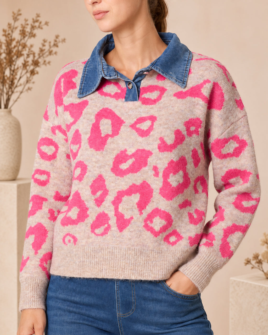 Animal Print Knit Jumper with Denim Collar