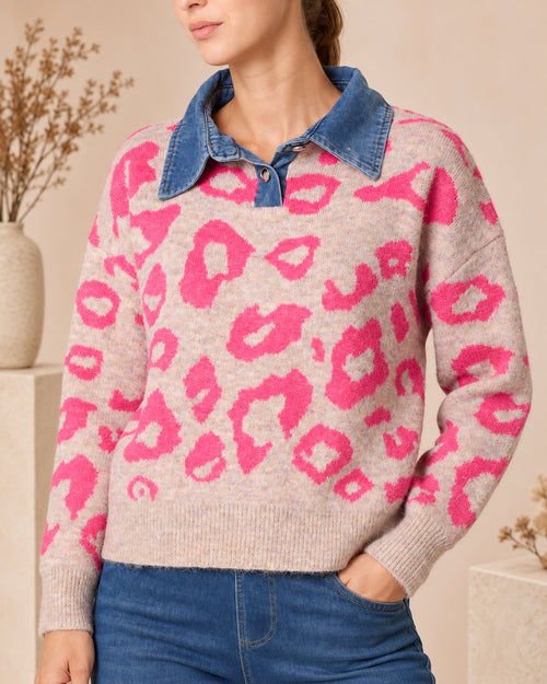 Animal Print Knit Jumper with Denim Collar