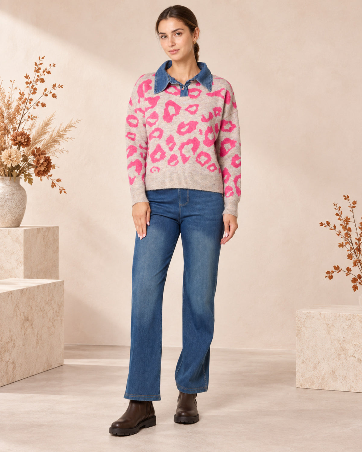 Animal Print Knit Jumper with Denim Collar