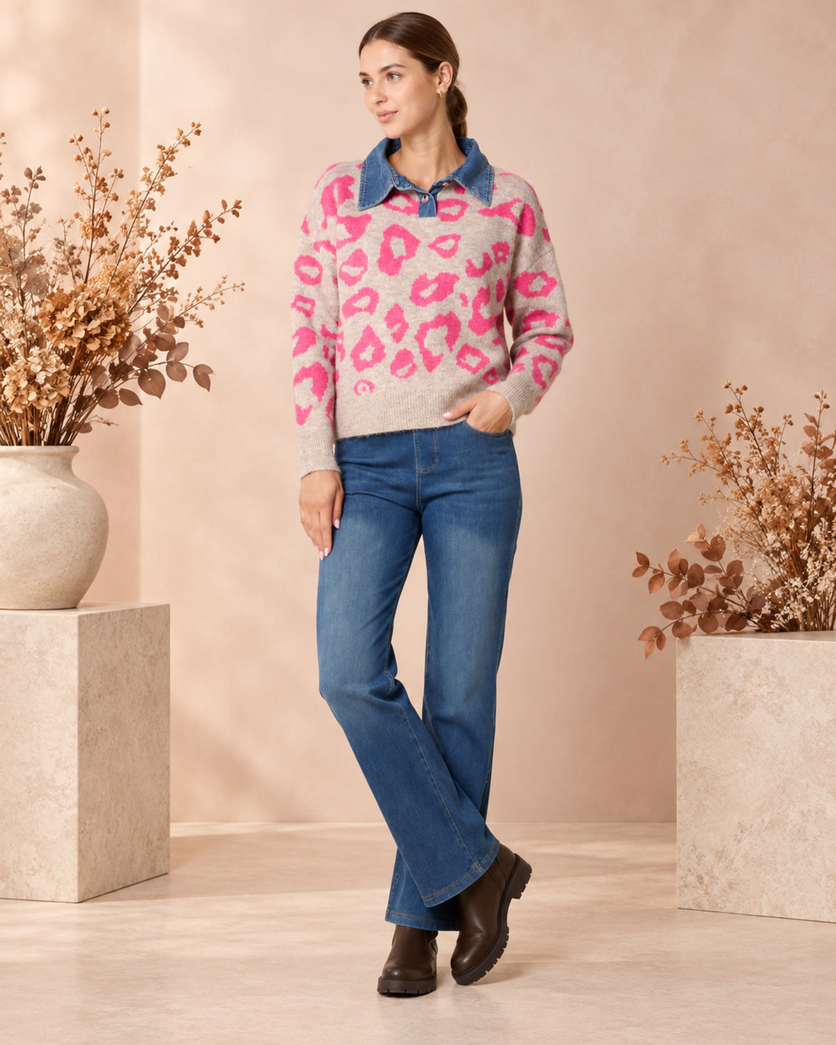 Animal Print Knit Jumper with Denim Collar